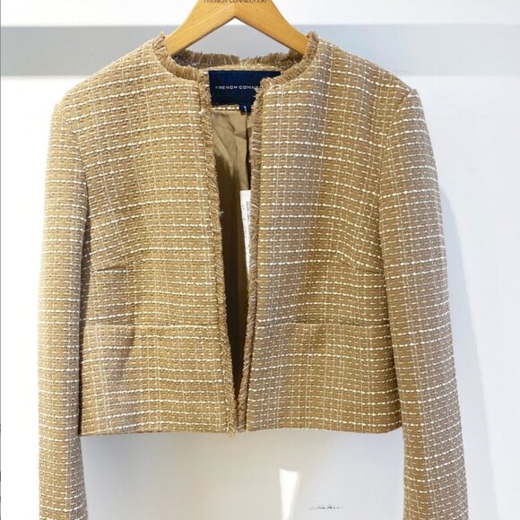 French Connection Effie Boucle Collarless Blazer Jacket in Cream and Camel - Picture 2 of 8